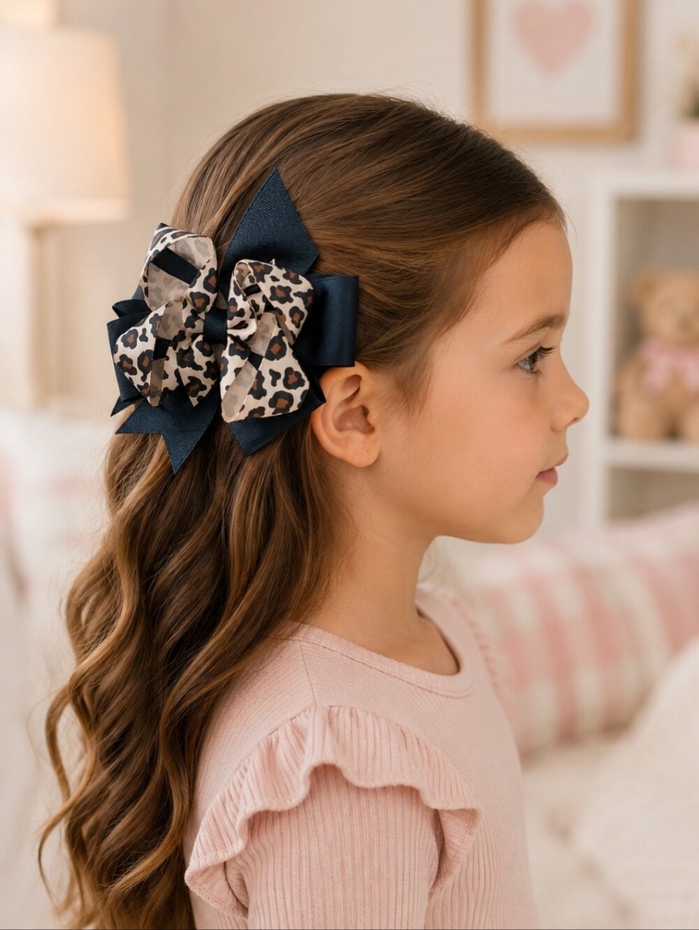 Leopard Hair Bow Boutique Layered Ribbon Clip Toddler Girls Animal Print